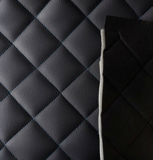 Quilted artificial leather with blue thread - Black, textured - Image 3