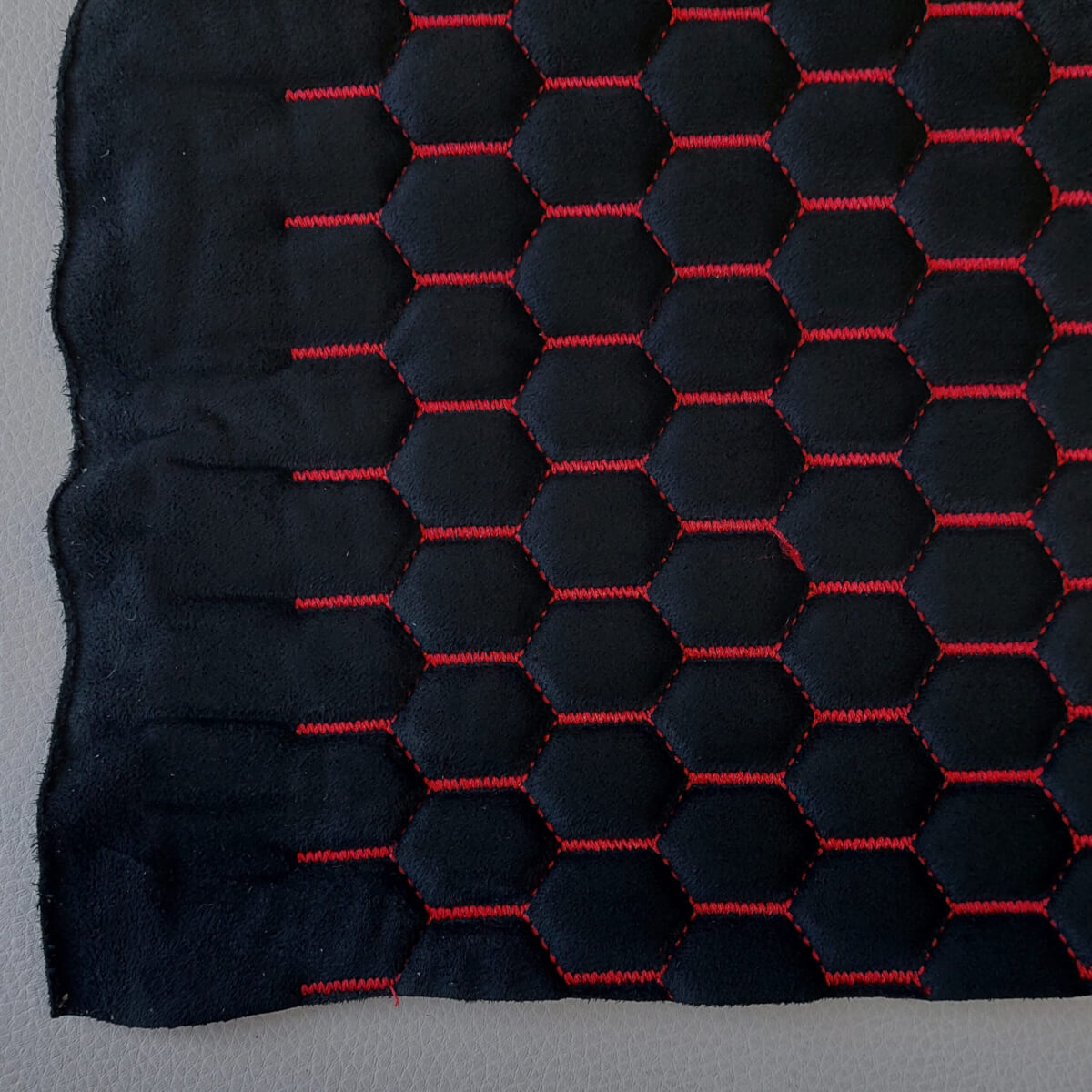 Quilted material with red thread for car seat with foam, “Velour/Alcantara” imitation, Black - Image 3