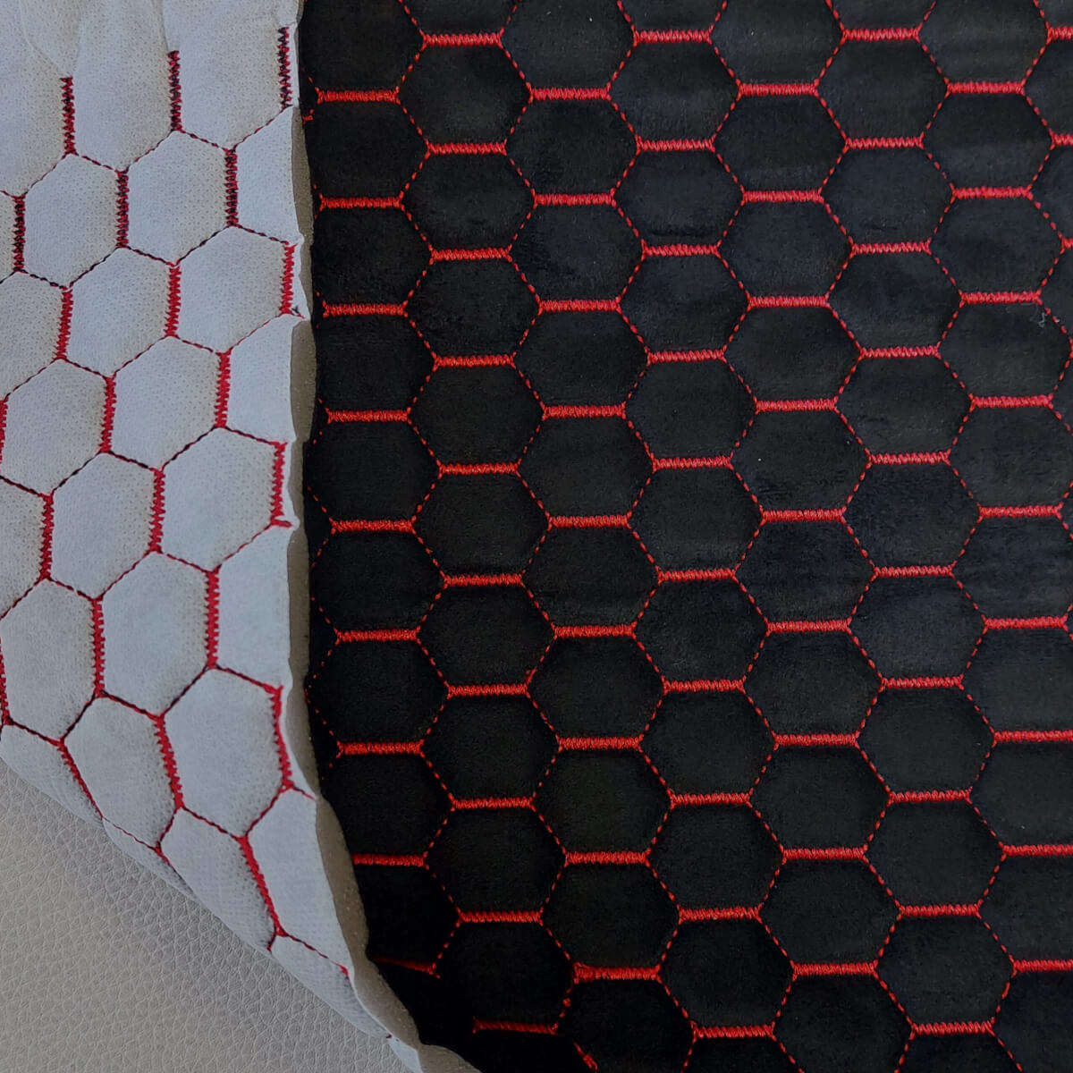 Quilted material with red thread for car seat with foam, “Velour/Alcantara” imitation, Black - Image 4