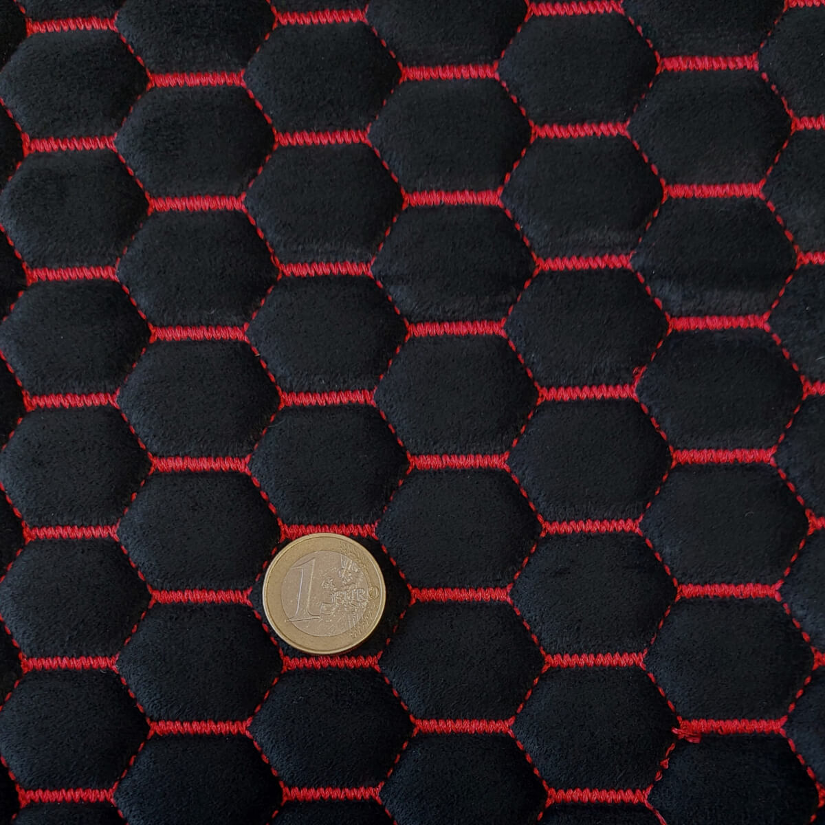 Quilted material with red thread for car seat with foam, “Velour/Alcantara” imitation, Black - Image 2