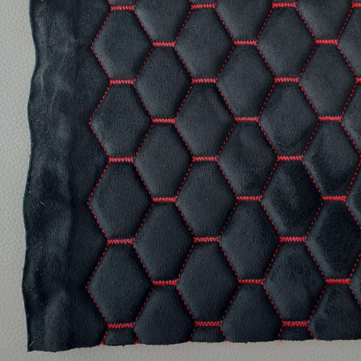 Quilted material with red thread for car seat with foam, “Velour/Alcantara” imitation, Black - Image 3
