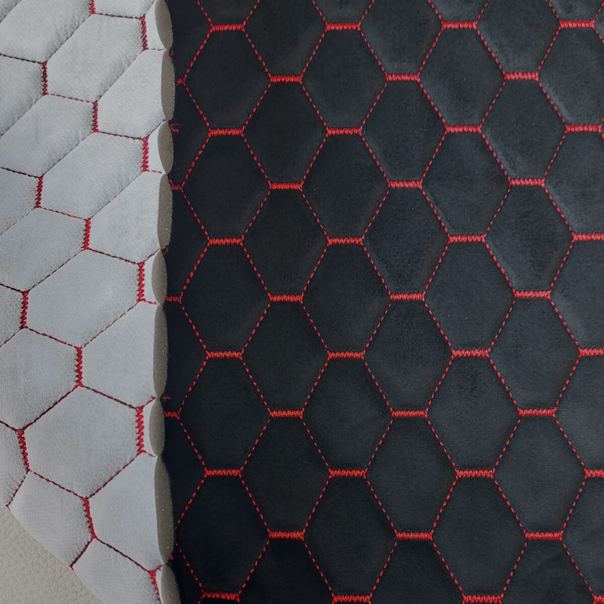 Quilted material with red thread for car seat with foam, “Velour/Alcantara” imitation, Black - Image 4