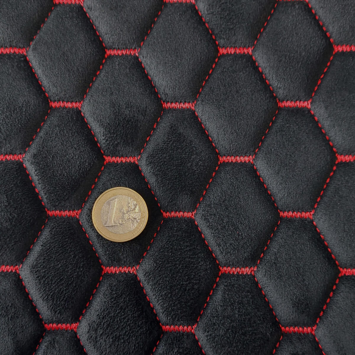 Quilted material with red thread for car seat with foam, “Velour/Alcantara” imitation, Black - Image 2